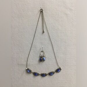 Vintage looking Blue Cat’s Eye stone necklace and earring set.